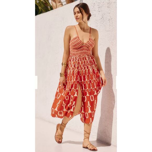NWT Anthropologie Smocked Dress Size M Color: Mango Halter Ties in Back - Picture 1 of 6